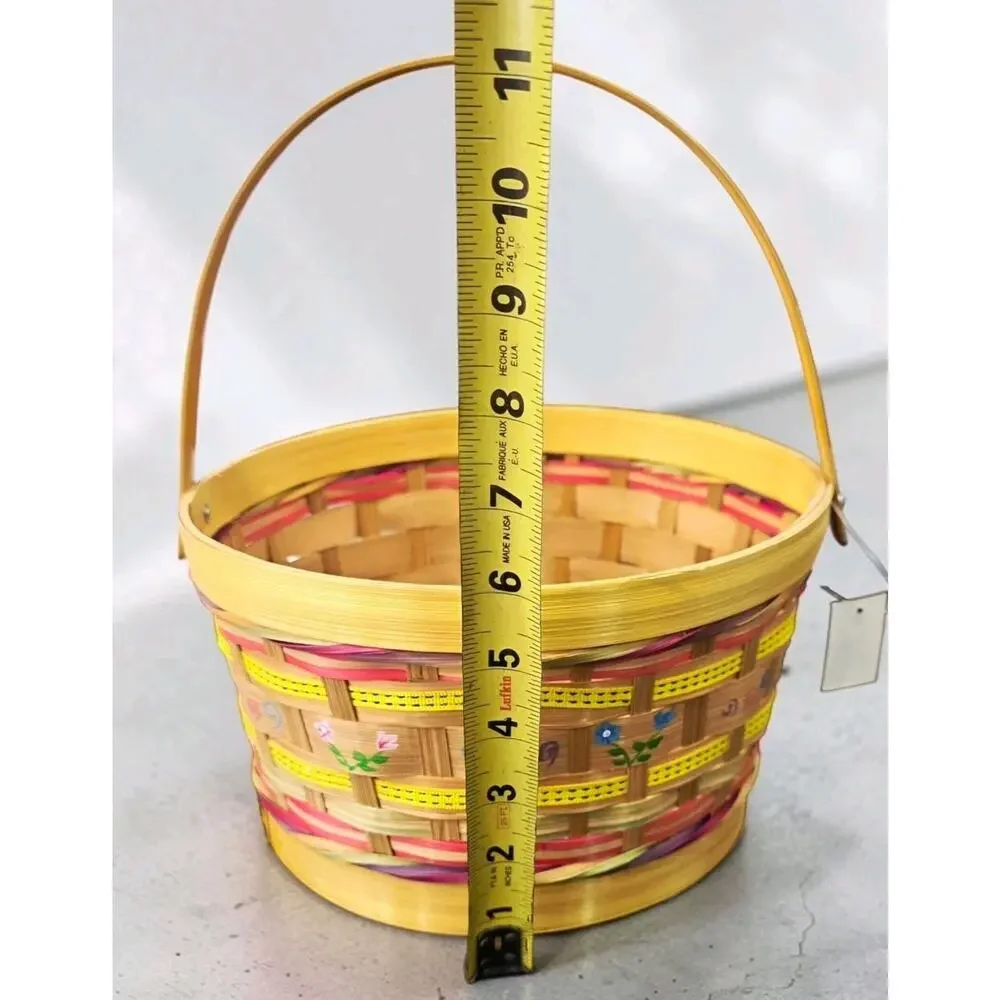 Vintage Woven Bamboo Easter Basket Hand Painted Floral 9.5